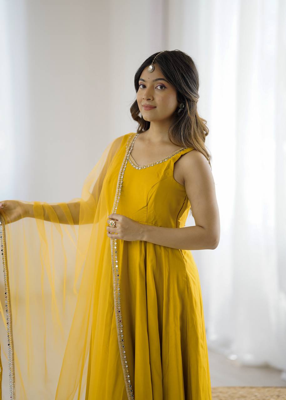 Pure Romansilk Chanderi Anarkali Set with Dupatta & Pant – Fully Stitched